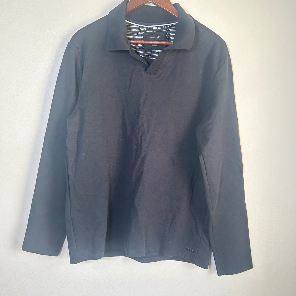 Porter & Ash Knitted Blend Long Sleeve V-Neck Polo Shirt Size Large Navy Blue